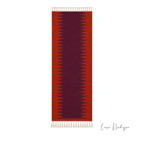 Tapete corredor artesanal mexicano de lana rojo y tinto de 80 × 400 cm con diseño geométrico tejido en telar de pedal