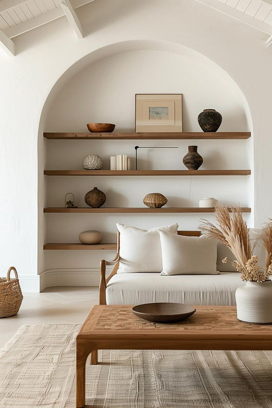 Espacio interior decorado con piezas artesanales mexicanas: barro negro, textiles en telar y detalles naturales.