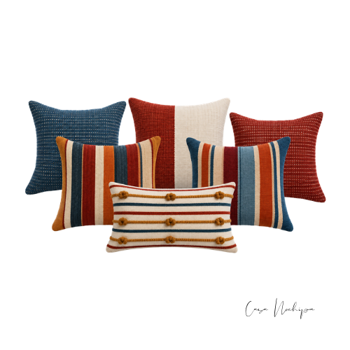 Set de seis cojines artesanales mexicanos de lana en azul, terracota, mostaza y crudo con diseños de rayas