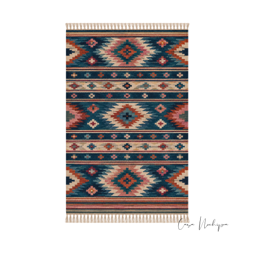 Tapete artesanal mexicano de lana multicolor con rombos y diseño geométrico tejido en telar de pedal