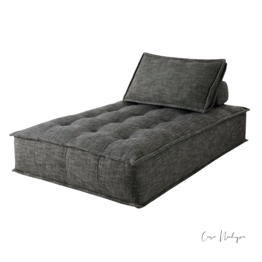 Futón lounge Sunbrella personalizable con cojines y riñoneras gris oscuro