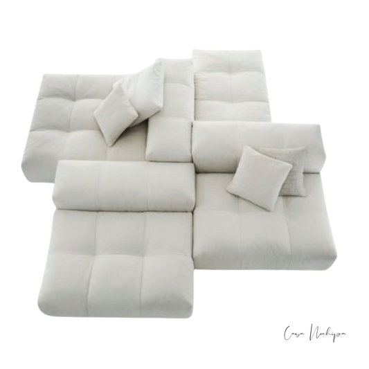 Futón modular Sunbrella color claro con cojines incluidos, ideal para interiores y exteriores