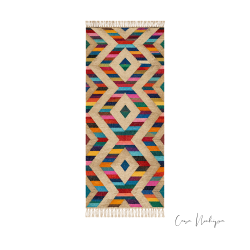 Tapete corredor artesanal mexicano de lana multicolor con diseño geométrico tejido en telar de pedal