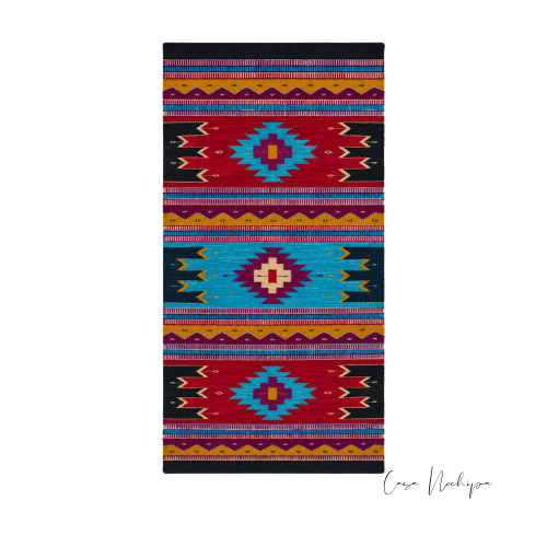 Tapete artesanal mexicano de lana multicolor con diseño geométrico en rojo y turquesa tejido en telar de pedal