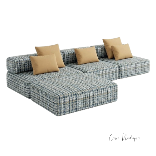 Sofá modular lounge para exterior en tela Sunbrella con cojines decorativos personalizable por módulos