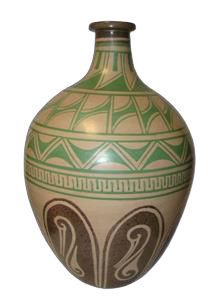 Jarrón Botella de barro artesanal con motivos verdes, 34 cm de alto, hecho a mano en México.