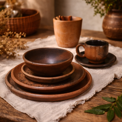 Vajilla artesanal de barro bruñido con 7 piezas: platos, taza y vaso, elaborada a mano con certificación FBA, ideal para decoración y uso diario.